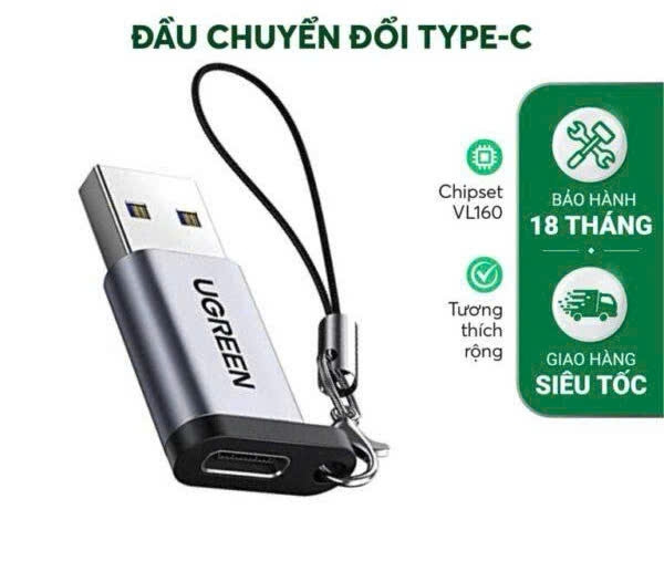 Đầu đổi USB 3.0 sang Type C Ugreen 50533 cao cấp màu xám vỏ hợp kim