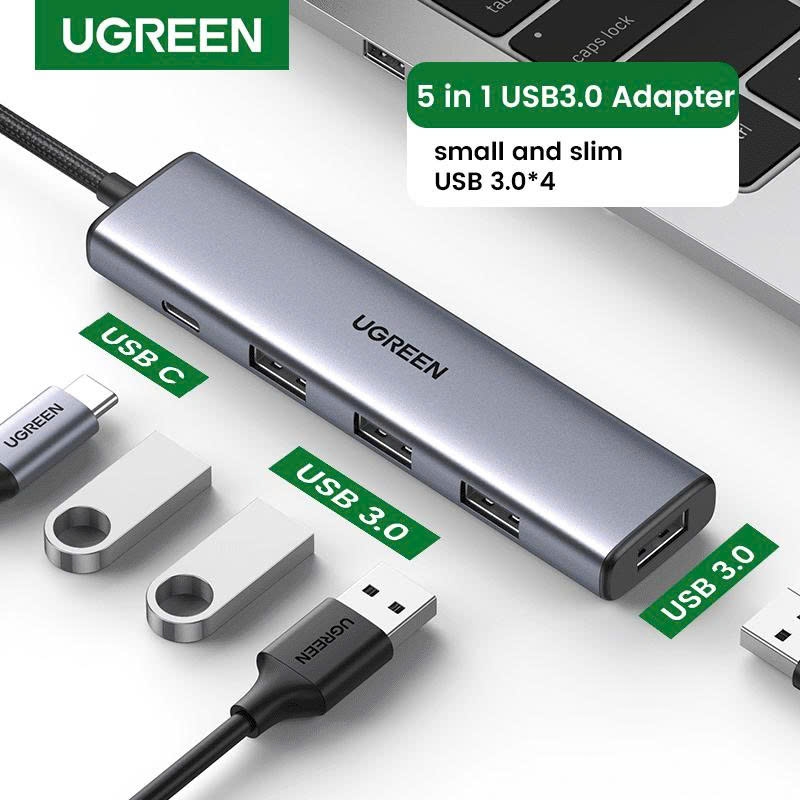 Bộ chia USB 3.0 ra 4 cổng USB 3.0 Ugreen CM 473 20805 màu xám vỏ hơp kim dây dù