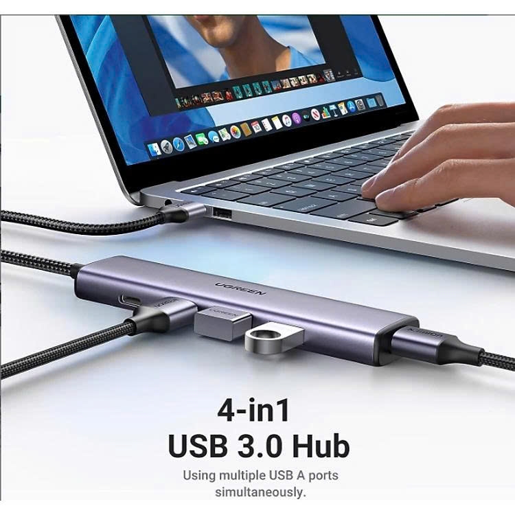 Bộ chia USB 3.0 ra 4 cổng USB 3.0 Ugreen CM 473 20805 màu xám vỏ hơp kim dây dù