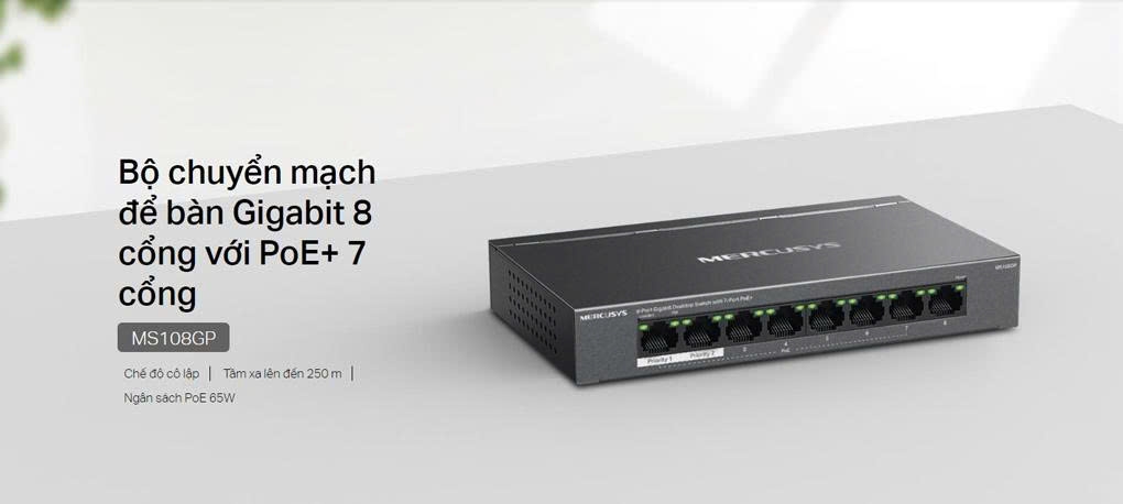 Bộ chia mạng (Switch) 8 Cổng Gigabit với 7 Cổng PoE+ Mercusys MS108GP