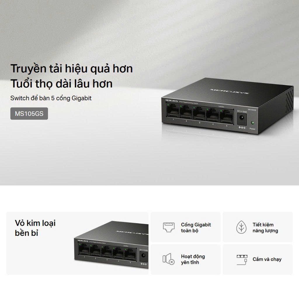 Bộ chia mạng (Switch) 5 Cổng Gigabit Mercusys MS105GS 10/100/1000 Mbps vỏ sắt màu đen