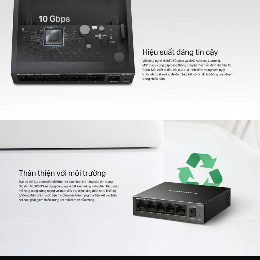 Bộ chia mạng (Switch) 5 Cổng Gigabit Mercusys MS105GS 10/100/1000 Mbps vỏ sắt màu đen