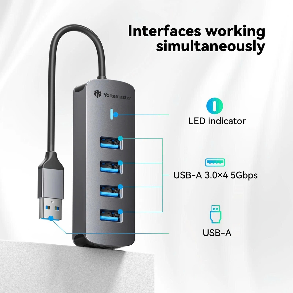 Bộ chia USB, Type C sang 4 Cổng USB 3.0 Yottamaster PH4U vỏ hợp kim nhôm tùy chọn