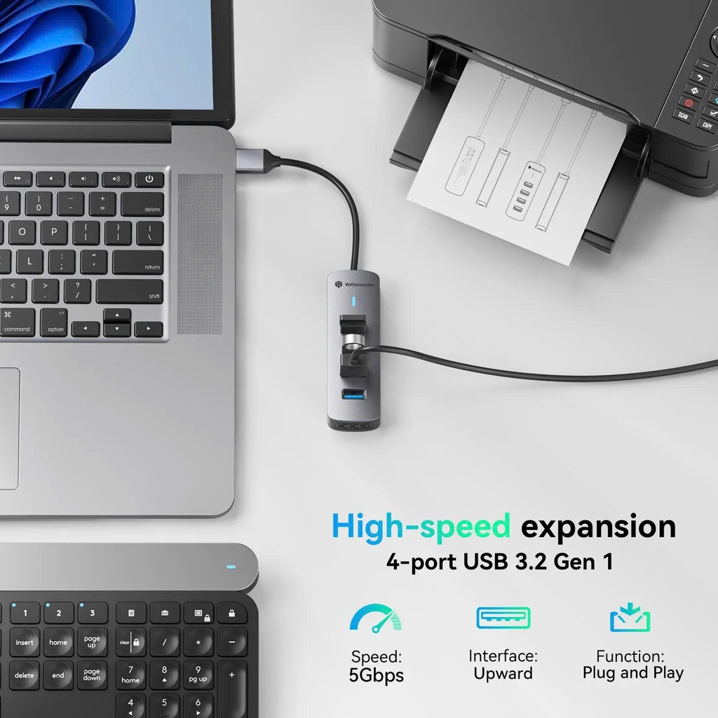 Bộ chia USB, Type C sang 4 Cổng USB 3.0 Yottamaster PH4U vỏ hợp kim nhôm tùy chọn