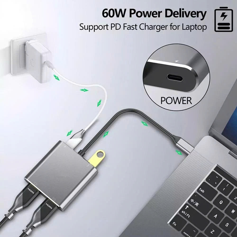 Cáp chuyển Type C Sang HDMI sang 2 màn hình gương HDMI(HDTV) USB3.0 PD tùy chọn từ máy tính, điện thoại...