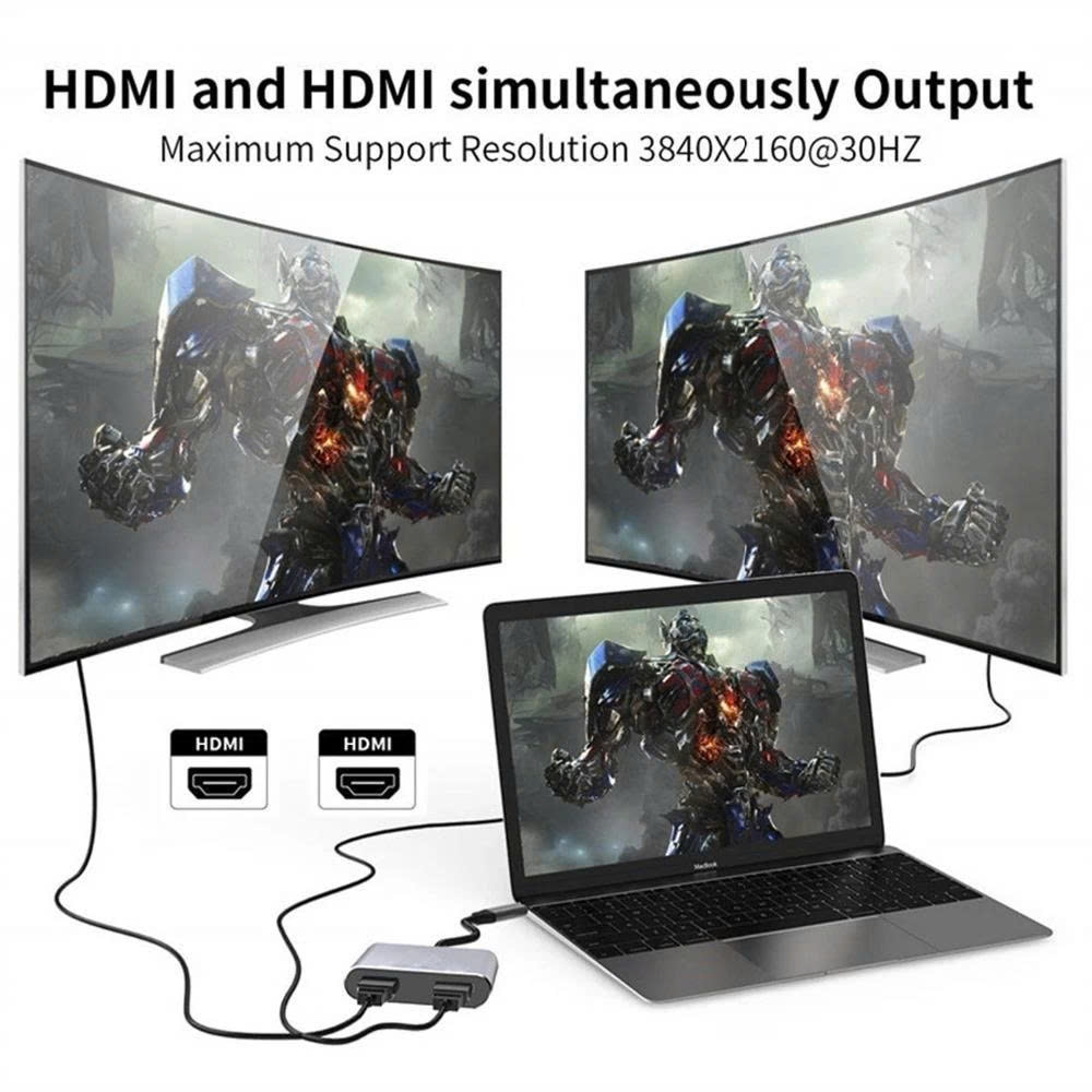 Cáp chuyển Type C Sang HDMI sang 2 màn hình gương HDMI(HDTV) USB3.0 PD tùy chọn từ máy tính, điện thoại...