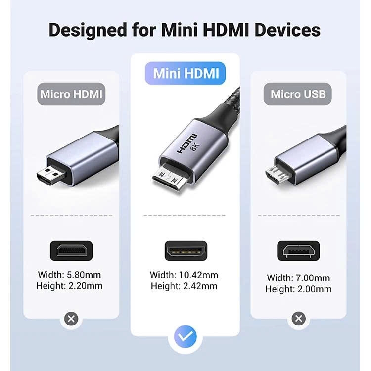 Cáp nối Mini HDMI sang HDMI 2.1 Ugreen HD163 15515 dài 1mhỗ trợ 8K@60Hz 4K@144Hz 48Gbps đen xám