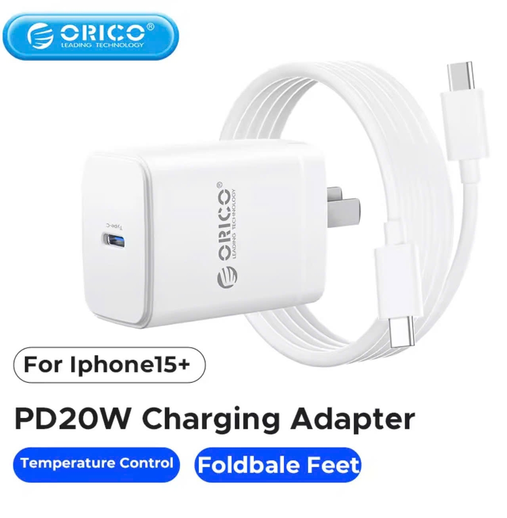 Bộ Cốc Cáp sạc Type C 20W Orico RT-20C màu trắng dùng cho điên thoại Iphone, Samsung, ...