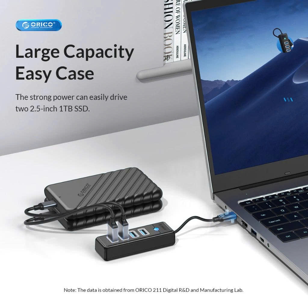 Bộ chia Type C sang 4 cổng USB 3.0 Orico PW4U-C3 dài 15cm 50cm 100cm tùy chọn vỏ nhựa  màu đen