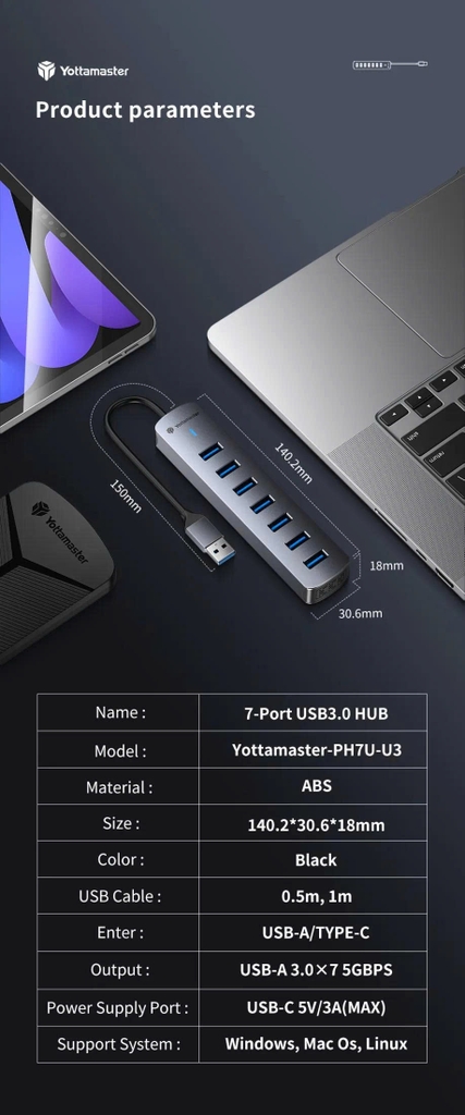 Bộ chia USB  sang 7 Cổng USB 3.0 Yottamaster PH7U-U3 dài 0.5M 1M vỏ hợp kim nhôm tùy chọn