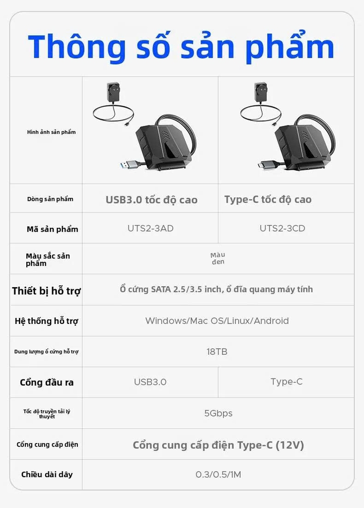 Cáp đọc ổ cứng SSD HDD 2.5 3.5 in sang Sata 3 Orico USB Type C tùy chọn