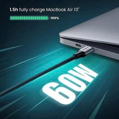 Ugreen Cáp sạc nhanh Type C 60W Ugreen 50152 US261 dài 2M màu đen mạ nickel đầu bọc nhôm chống nhiễu