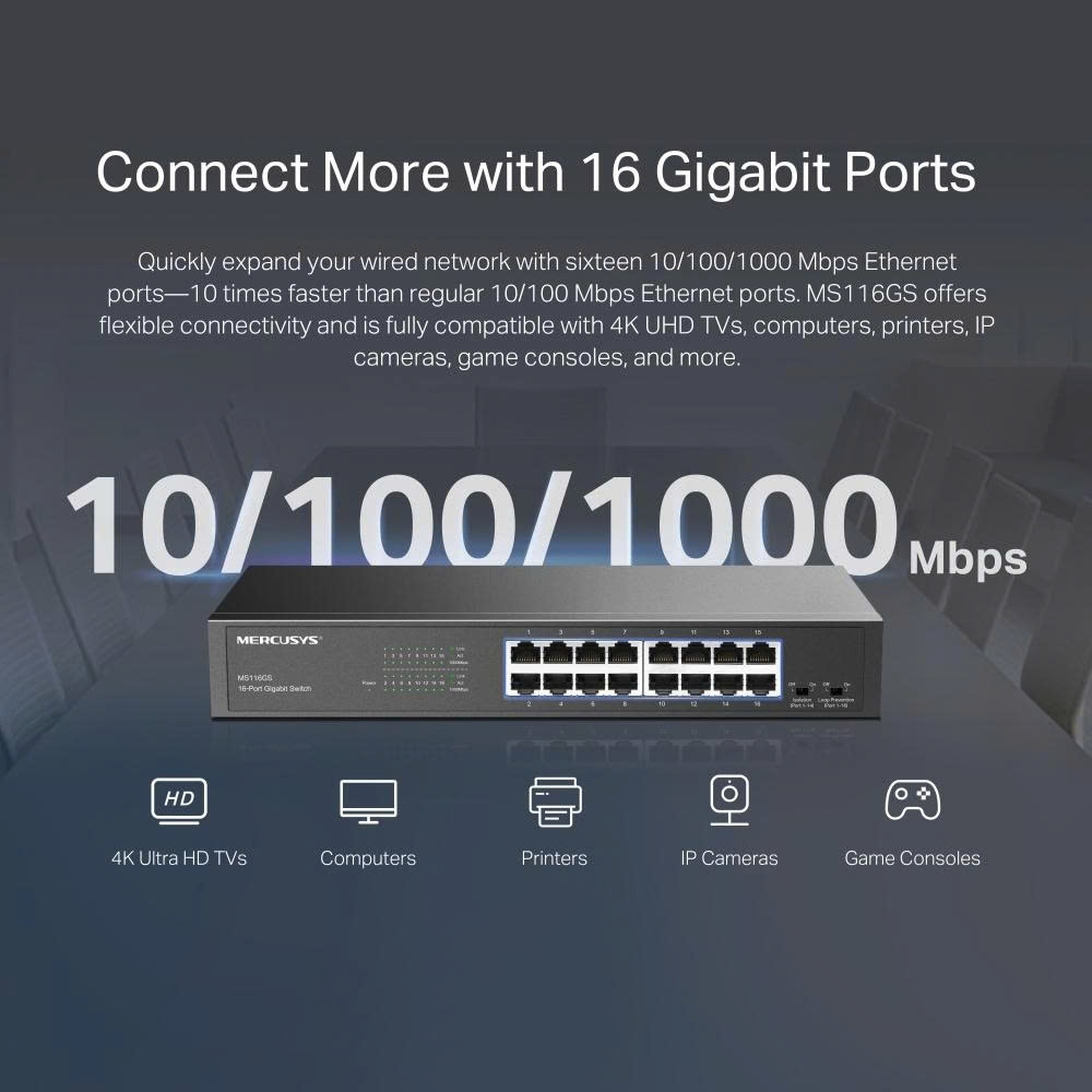 Mercusys Bộ chia mạng (Switch) 16 Cổng Gigabit Mercusys MS116GS 100/1000 Mbps vỏ sắt màu đen
