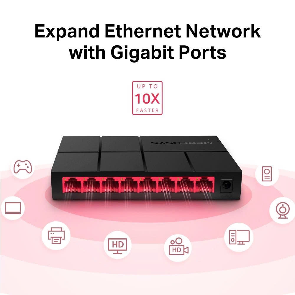 Mercusys Bộ chia mạng (Switch) 8 Cổng Gigabit Mercusys MS108G 10/100/1000 Mbps vỏ nhựa màu đen