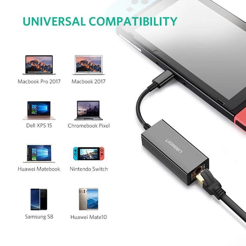 Ugreen Cáp chuyển USB Type C sang mạng Lan, RJ 45 Ugreen 50307 tốc độ 1Gb/1000Mb vỏ nhựa màu đen