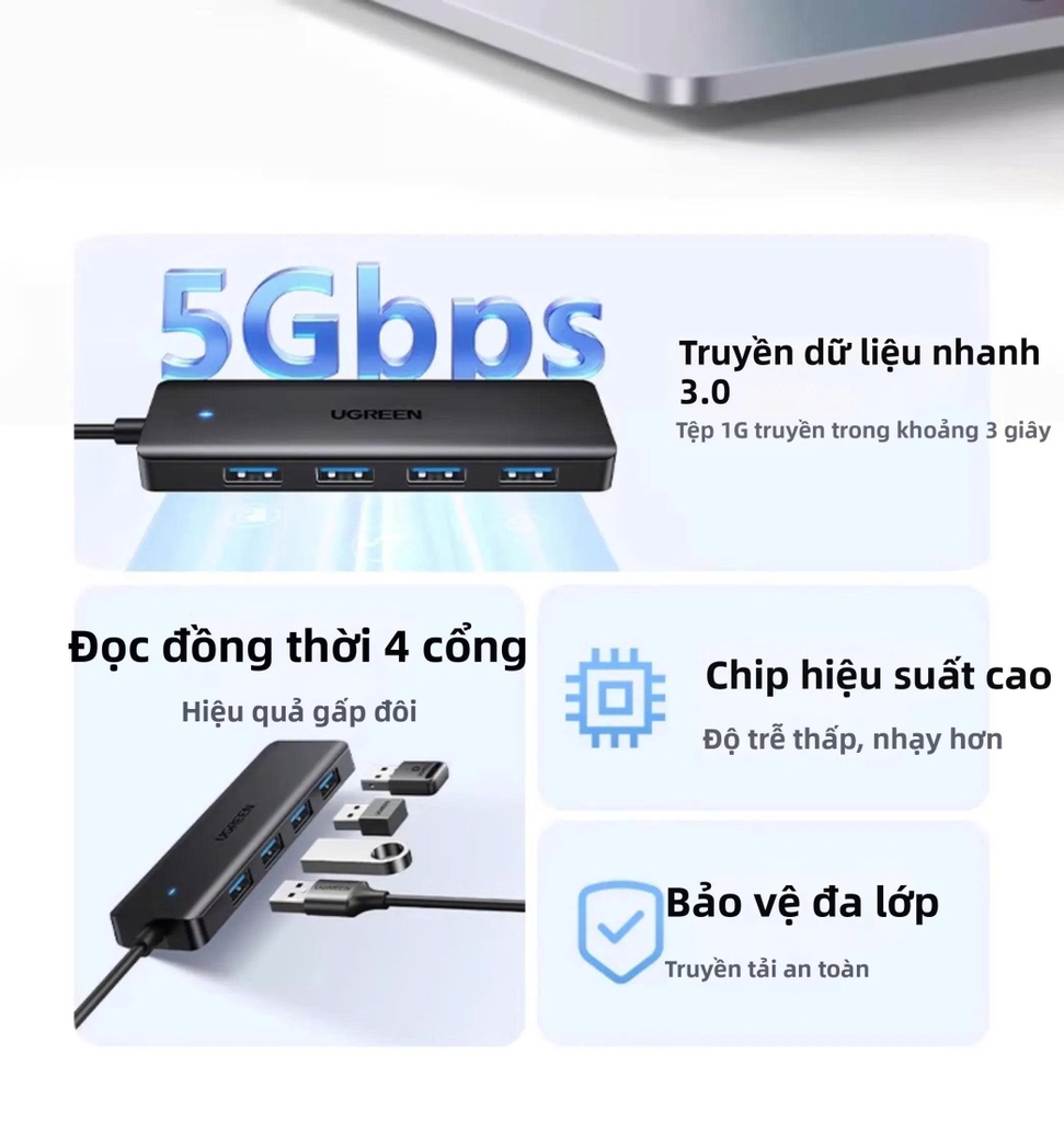 Bộ chia USB 3.0 sang 4 cổng USB Ugreen 25851 CM219 vỏ nhựa dài 15cm màu đen