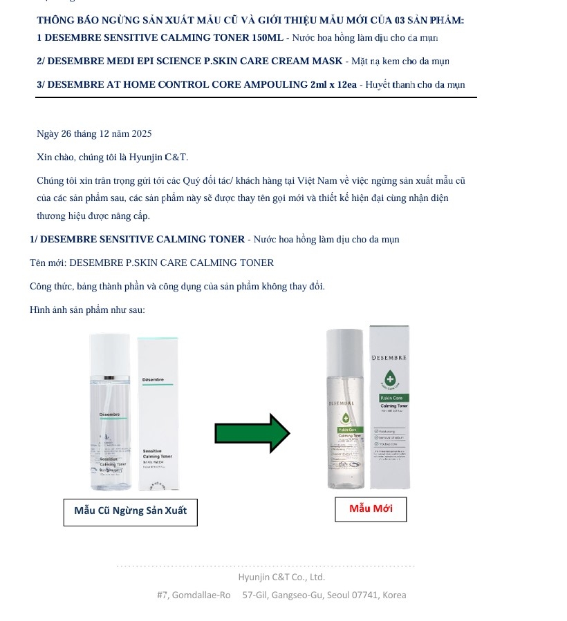 [Tặng mặt nạ] Nước hoa hồng da mụn Desembre Sensitive Calming Toner 150ml