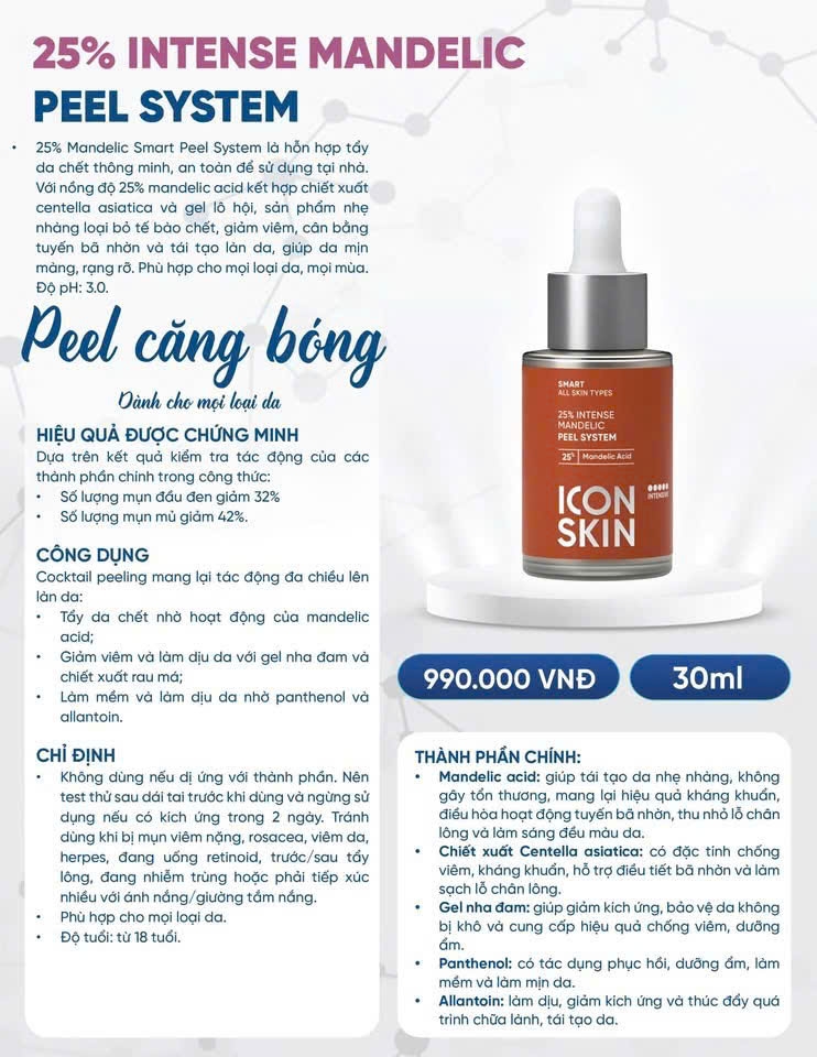Peel căng bóng da Icon Skin 12% - 25% Mandelic Smart Peel System 30ml