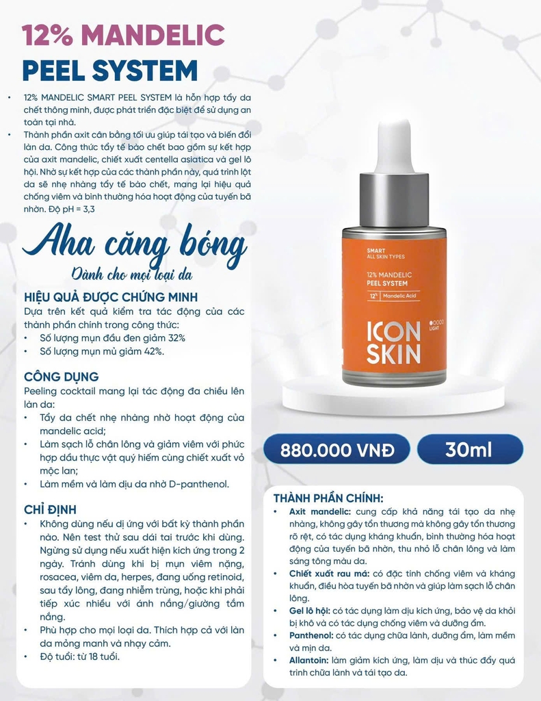 Peel căng bóng da Icon Skin 12% - 25% Mandelic Smart Peel System 30ml