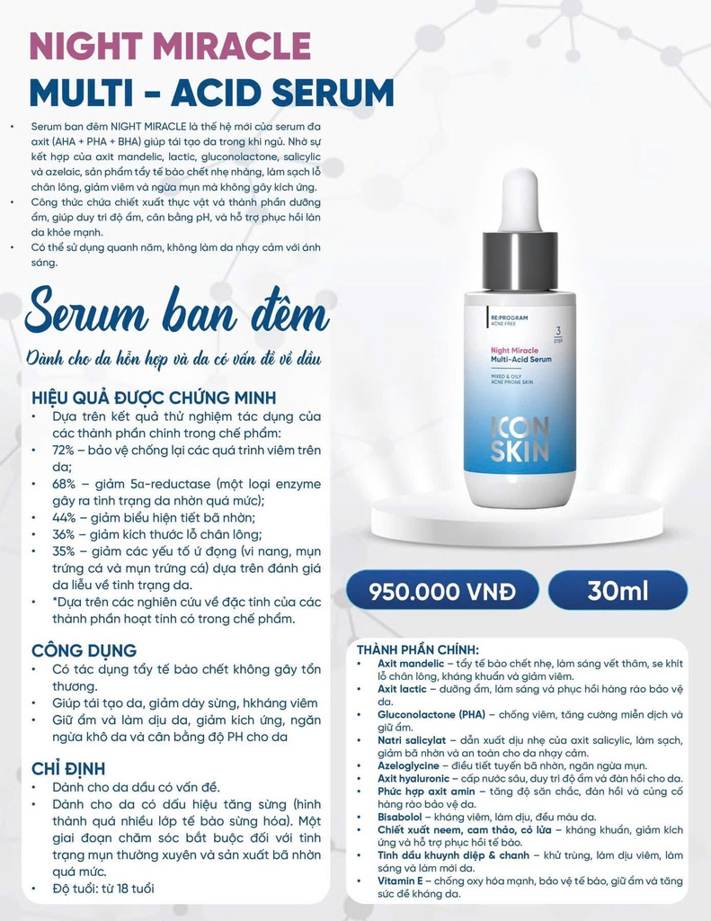 Serum ban đêm ICON SKIN Night Miracle Multi Acid 30ml - Giảm mụn