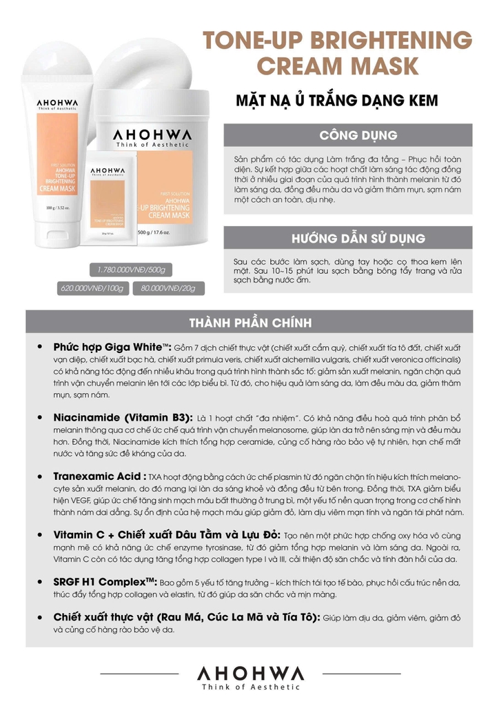 Mặt nạ kem ủ trắng Ahohwa Tone-Up Brightening Cream Mask 500g