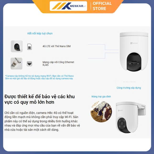 Camera Ngoài Trời Ezviz CS-H8C 4G - kết nối kép: SIM 4G hoặc mạng dây RJ45