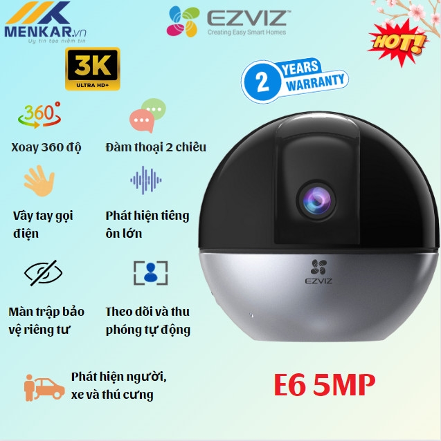Camera wifi Ezviz E6 3K 5MP, Chống ngược sáng 80db, AI phát hiện người vật, vẫy tay gọi điện