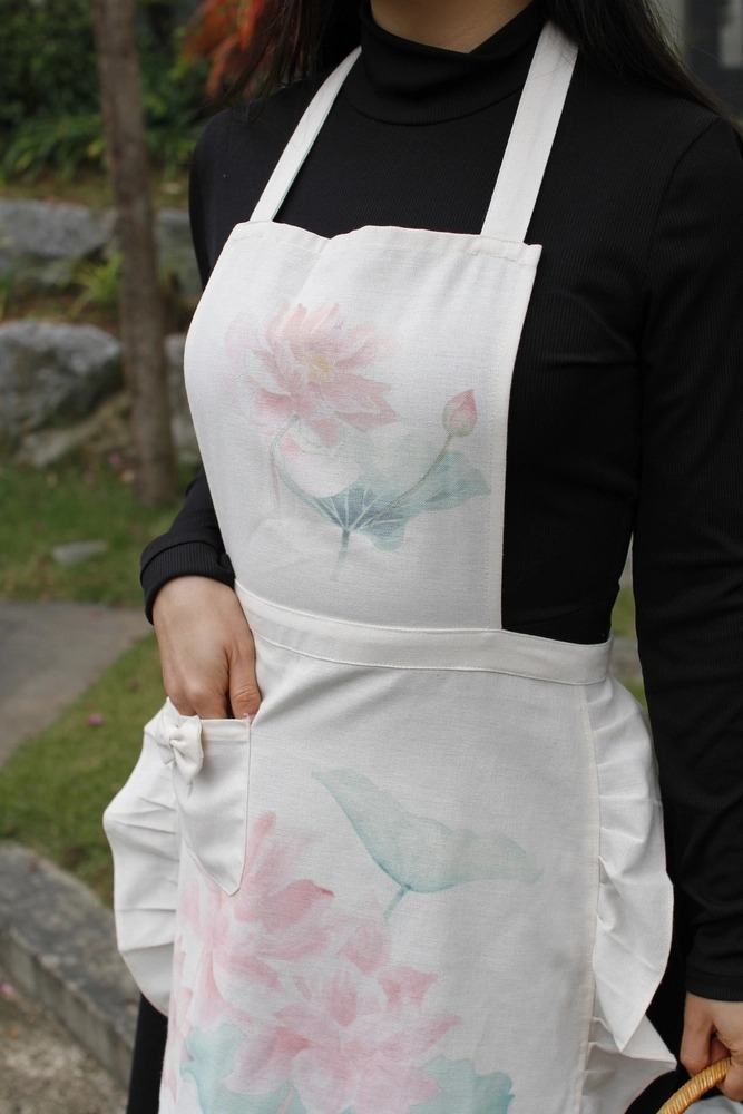 Tạp Dề Linen Be Hoa Sen Hồng - Freesize - Set Mẹ&Bé - Nấu Ăn&Quà Tặng