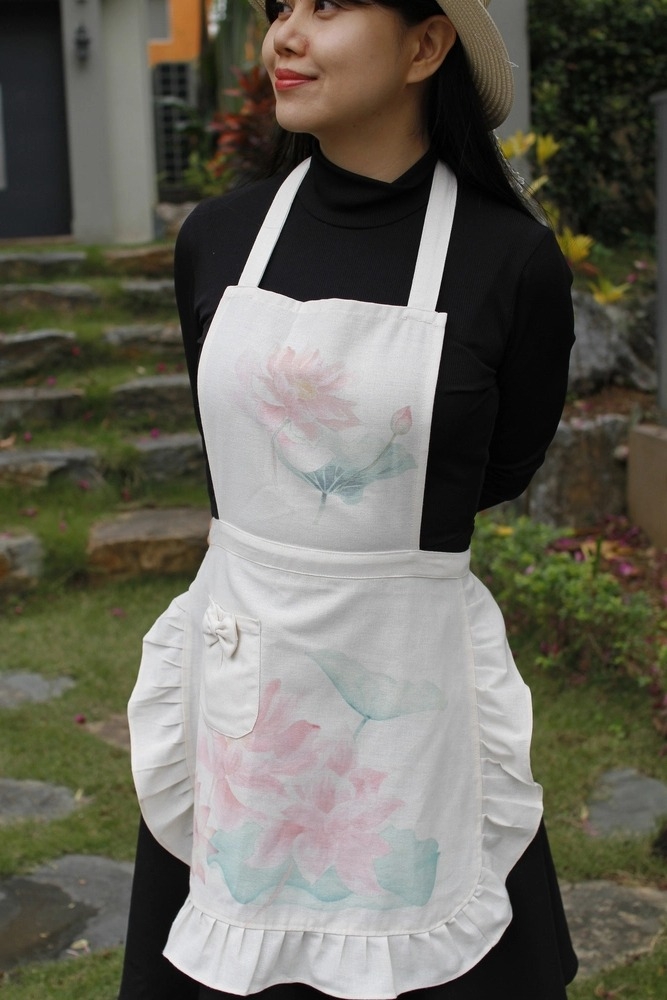 Tạp Dề Linen Be Hoa Sen Hồng - Freesize - Set Mẹ&Bé - Nấu Ăn&Quà Tặng