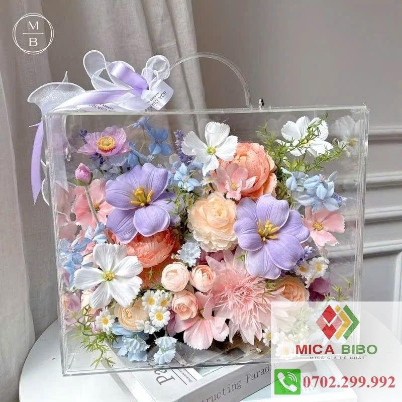 Hộp vali mica cắm hoa dạng lắp ráp - Hộp đựng hoa- Khay trưng bày quà tặng có quai xách