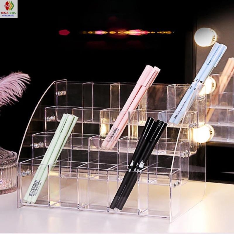 Kệ mica trưng bày bút viết, văn phòng phẩm, nhiều kích thước, thiết kế theo yêu cầu