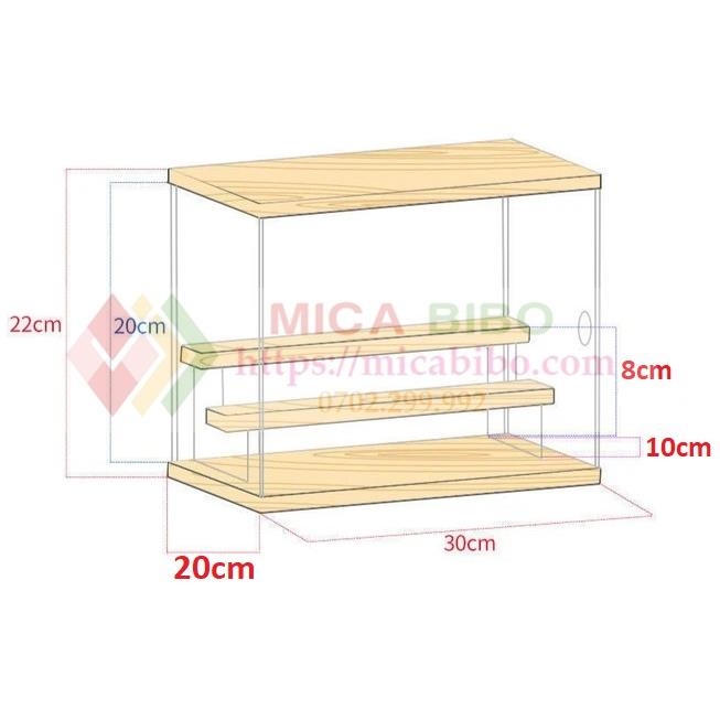 Hộp mica kèm kệ gỗ trưng bày sản phẩm, nhiều tầng