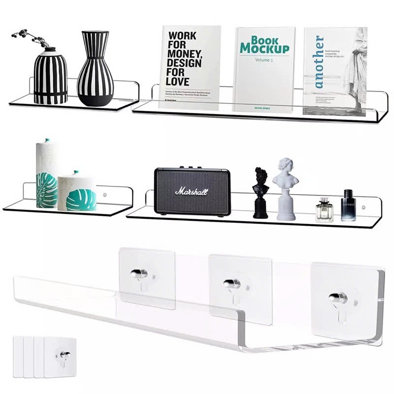 Dày 3mm, 10 màu sắc,10x20cm, 10x30cm, 10x40cm, 10x50cm, Kệ Mica treo tường phòng ngủ, nhà tắm, Giá treo tường