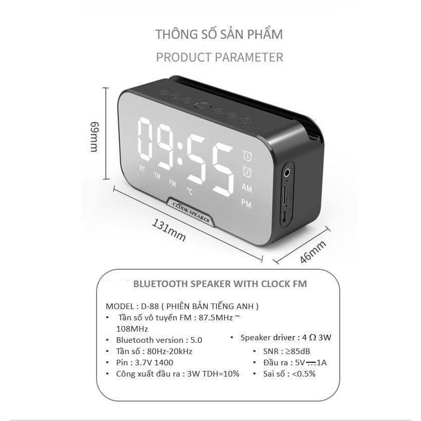 Loa Bluetooth DM-88 Mặt Gương Kiêm Đồng Hồ Báo Thức