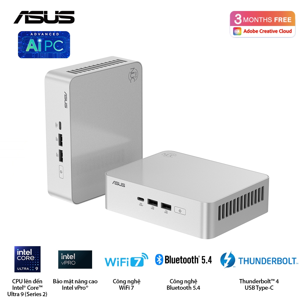Máy Bộ Asus Mini NUC 15 PRO Plus RNUC15CRSU500000I (Intel Core Ultra 5 225H | Intel ARC | Wifi 7 | Bluetooth 5.4 | Trắng)