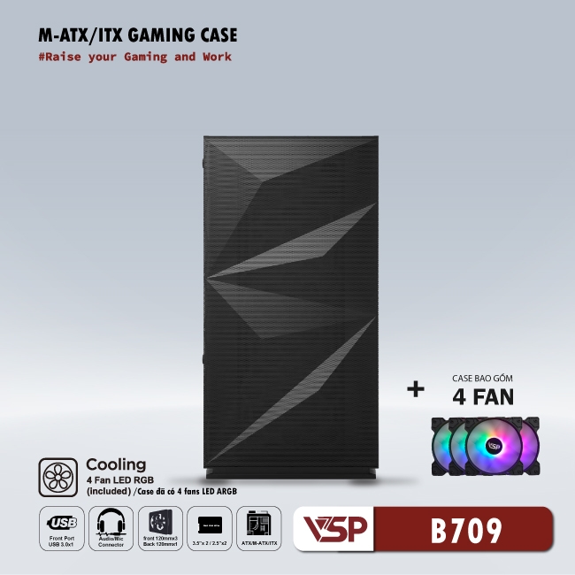 Thùng Máy Vi Tính VSP GAMING Mid Tower B709 - Black + 4 Fans Led