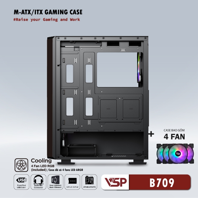 Thùng Máy Vi Tính VSP GAMING Mid Tower B709 - Black + 4 Fans Led