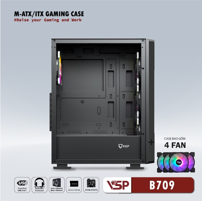 Thùng Máy Vi Tính VSP GAMING Mid Tower B709 - Black + 4 Fans Led