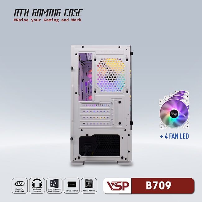 Thùng Máy Vi Tính VSP GAMING Mid Tower B709 - White + 4 Fans Led