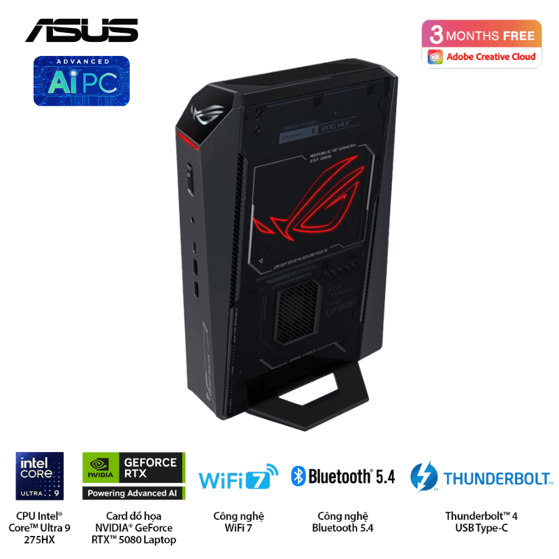 Máy Bộ Gaming Asus Mini NUC ROG RNUC15JNK9X289A0 (Intel Core Ultra 9 275HX | Intel ARC/Nvidia RTX 5080 16GB GDDR7  | Wifi 7 | Bluetooth 5.4 | Đen)