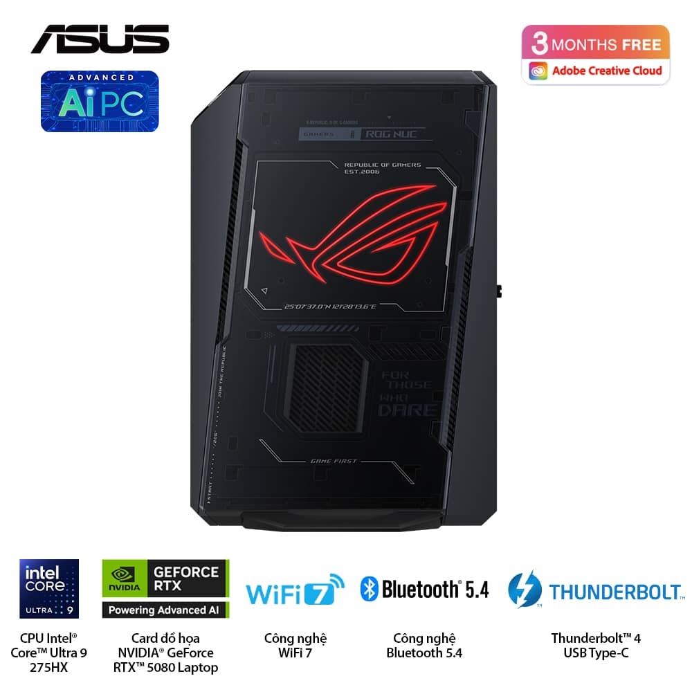 Máy Bộ Gaming Asus Mini NUC ROG RNUC15JNK9X289A0 (Intel Core Ultra 9 275HX | Intel ARC/Nvidia RTX 5080 16GB GDDR7  | Wifi 7 | Bluetooth 5.4 | Đen)
