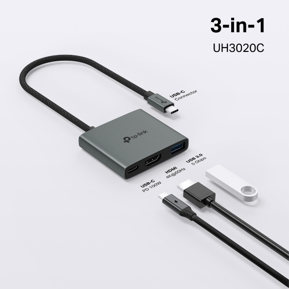 Hub TP-Link UH3020C Mở Rộng Kết Nối Type C ra 3 Cổng (HDMI, Power Delivery 100W, USB A)