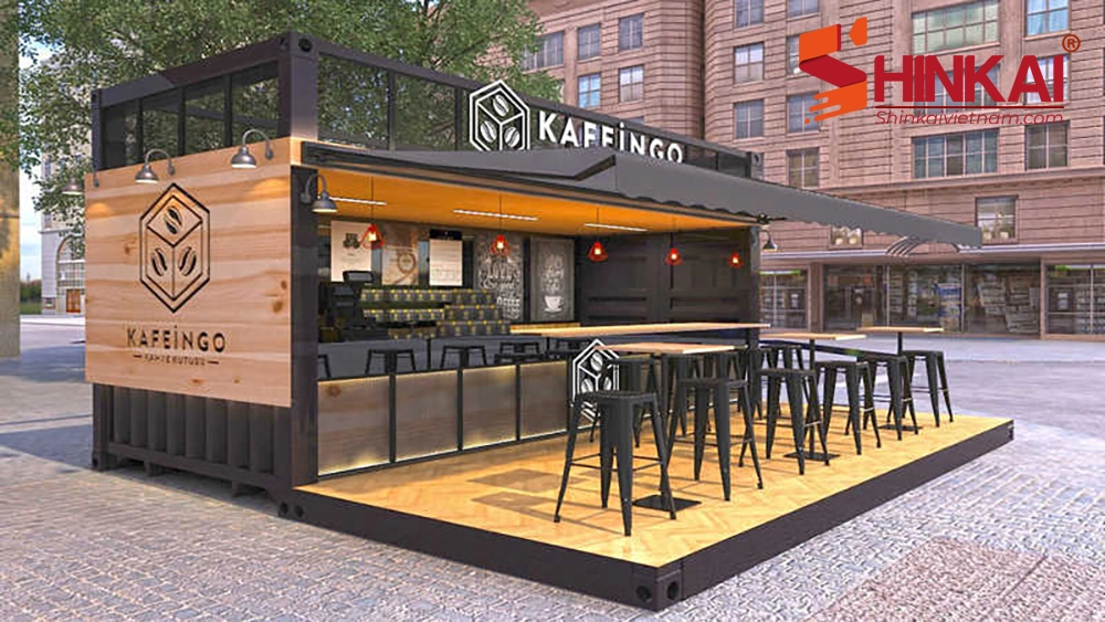 Quán cafe container thiết kế hiện đại với không gian mở, thu hút khách hàng trẻ tuổi.