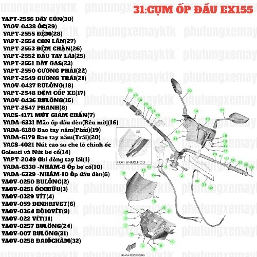 [EX155][31:CỤM ỐP ĐẦU] YADA-6180-EX150(15-18) Bao tay nắm(Phải) Phụ tùng phụ kiện xe máy-[Yamaha] EX155 (19)_yaspm