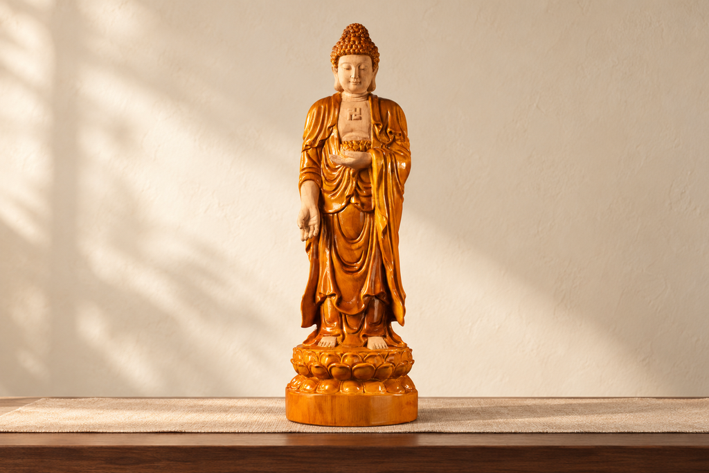 Tôn tượng Phật A Di Đà gỗ trên nền sáng, thể hiện nguyên vẹn từ đầu tượng đến đế sen