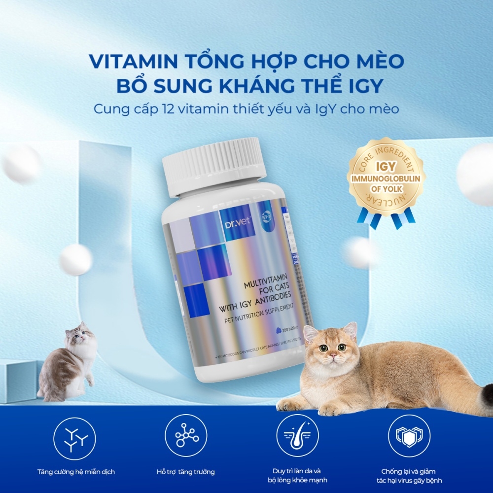 Vitamin tổng hợp cho mèo DR.VET có kháng thể IGY (200 viên)