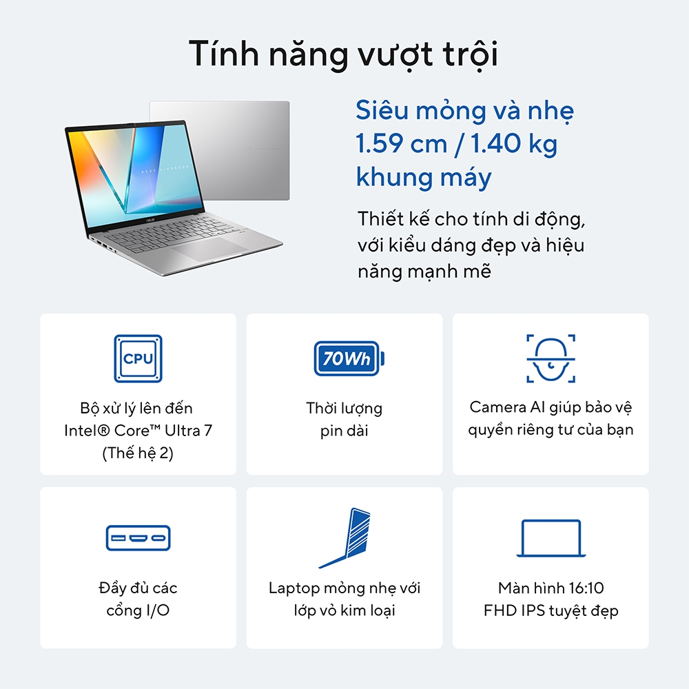 Laptop ASUS Vivobook S14 S3407VA-LY046W (Intel Core i5-13420H | 16GB | 512GB | Intel UHD | 14 inch WUXGA IPS 60Hz | Win 11 | Bạc)