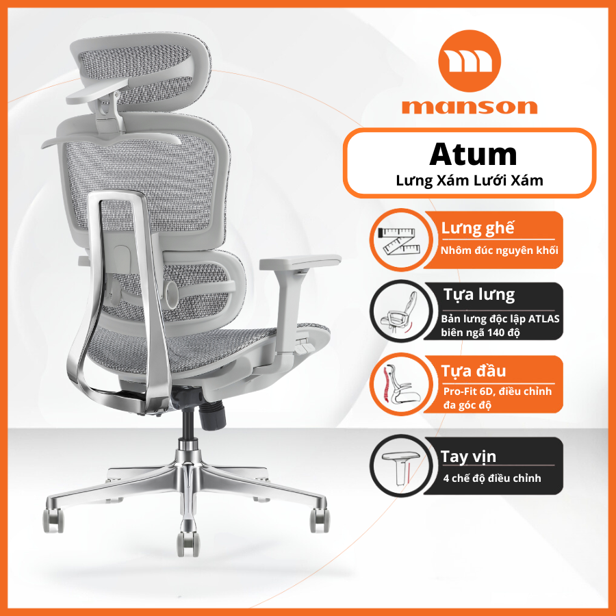 Ghế Công Thái Học Atum Màu Đen Lưng Hợp Kim Nhôm, Tựa Đầu 6D