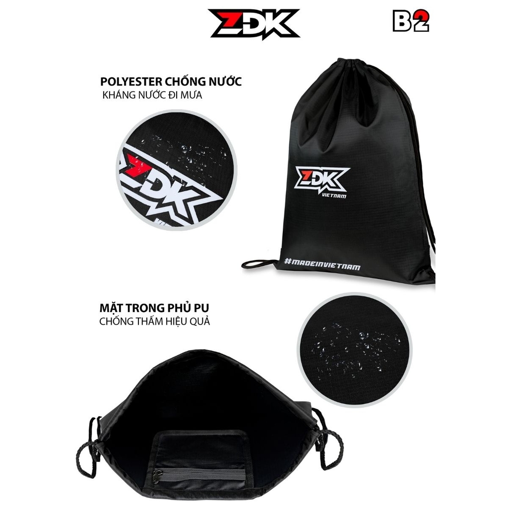 Túi ZDK B2 làm từ vải polyester phủ PU nên chống thấm nước tốt