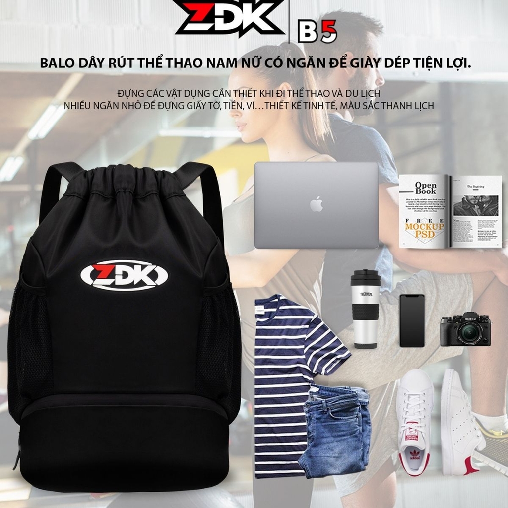 "Ngăn đựng giày riêng của túi rút ZDK B5 màu đen đang được mở, cho thấy khả năng chứa đựng rộng rãi.